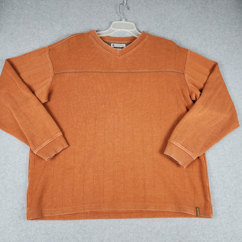 Columbia Sweater Mens XL Orange Ribbed Knit Long Sleeve Relaxed V-Neck Pullover